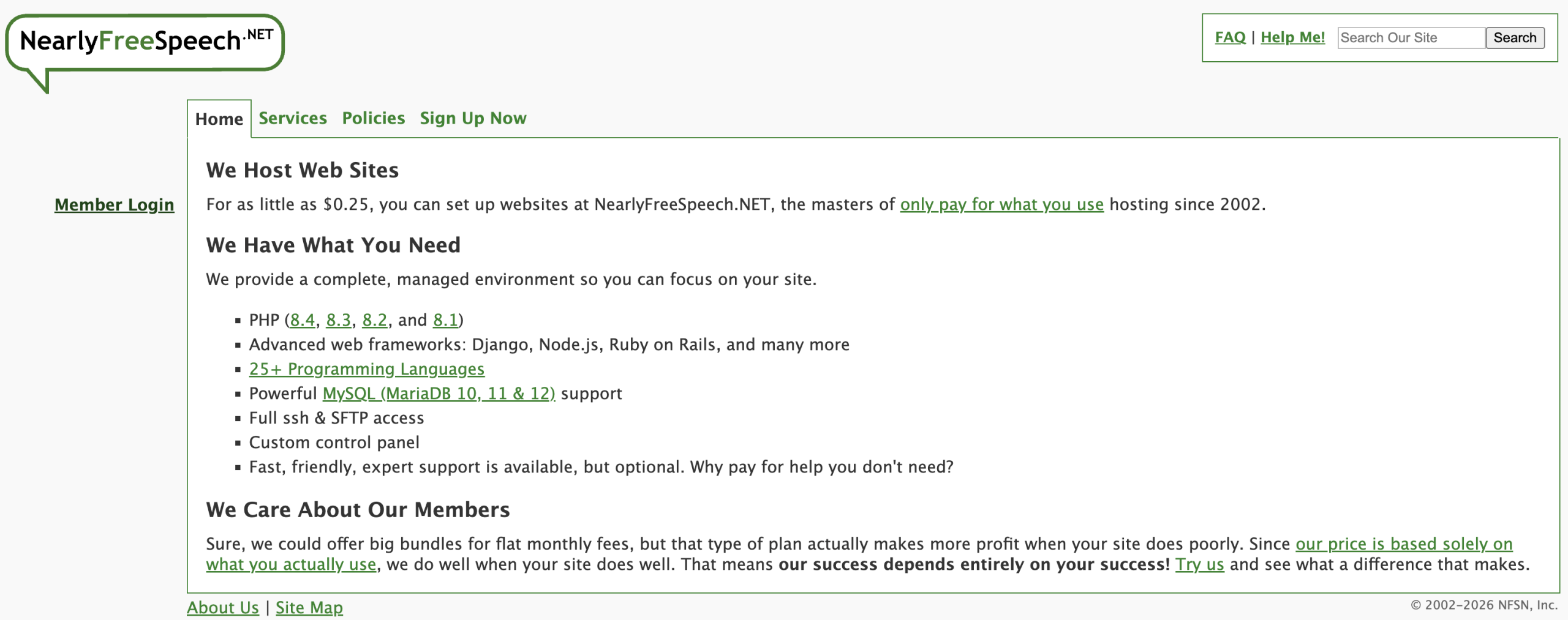 The Front Page of NearlyFreeSpeech.net, the temporary web host for DariaBloodworth.ca