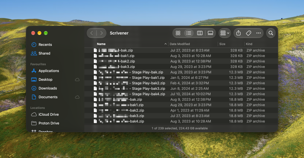 The backups folder in the ~/Library/Application Support/Scrivener folder.