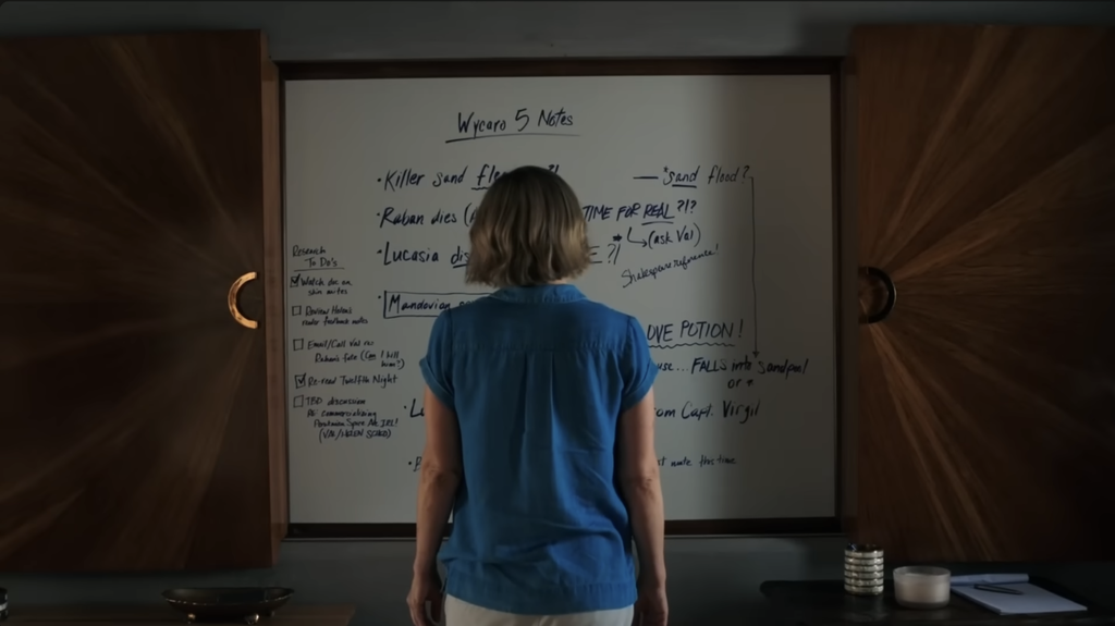 Carol Sturka's whiteboard in Pluribus, where she planned out the fifth Wycaro book... and took notes about the Others.