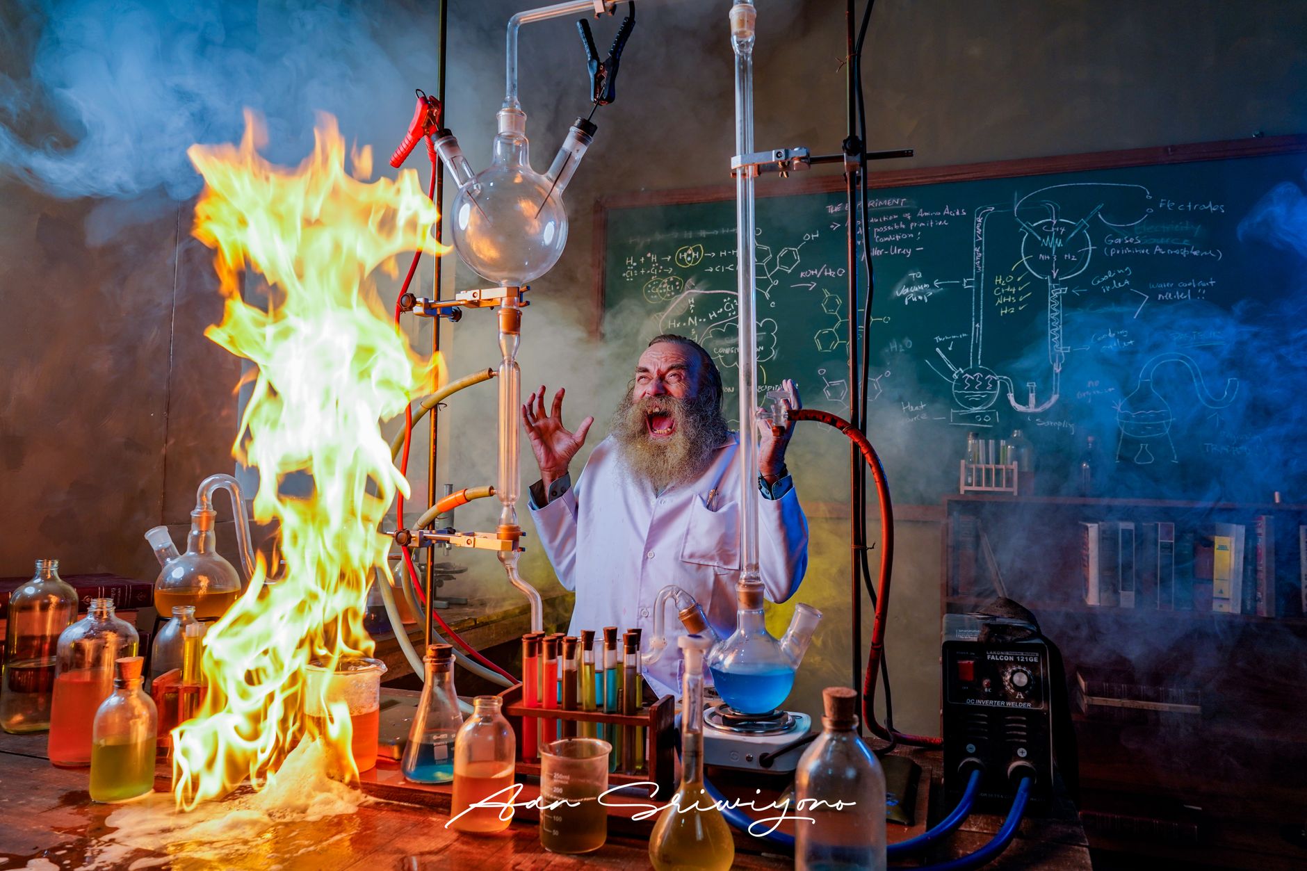 dramatic scientist in fiery chemistry lab