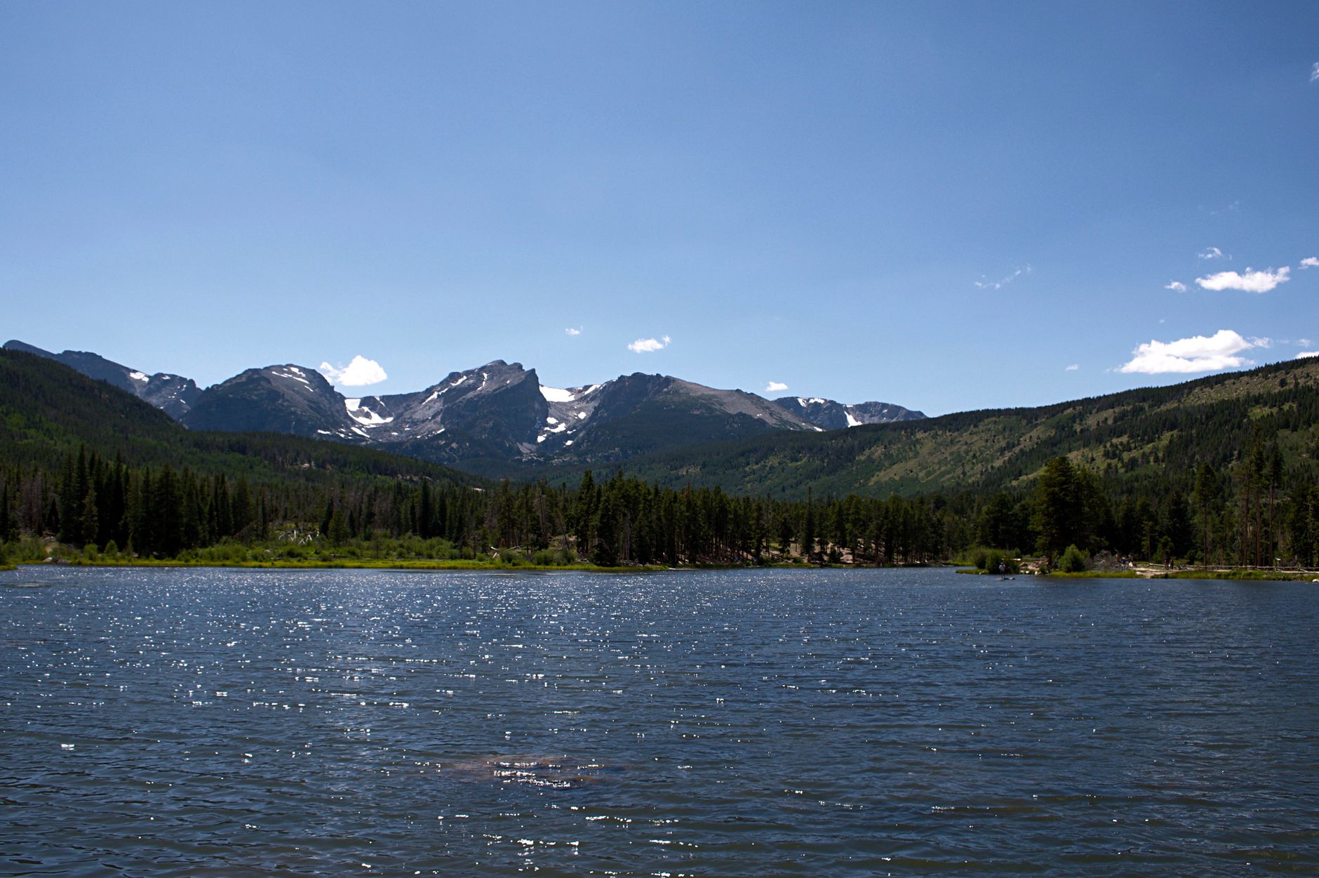 blue sky over mountains and lake